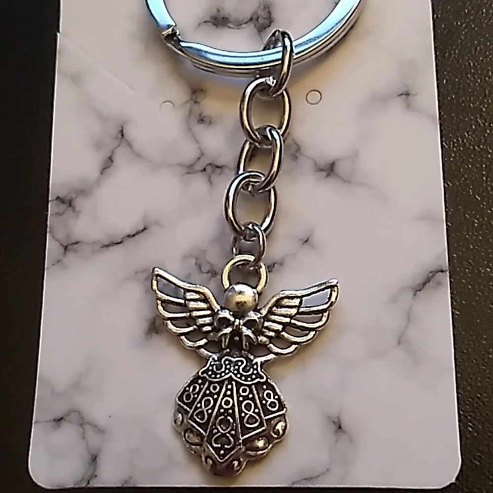Phaeton Silver Tone Guardian Angel Charm Keychain 1 x 3 1/4 inch total w keyring - Picture 2 of 9